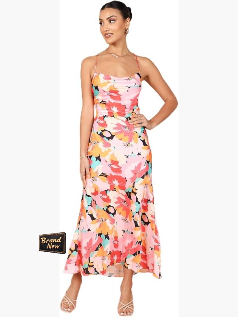 Petal Pup Posse Midi Slip Dress Cowl Neck Open Back Satin A-Line Sleeveless